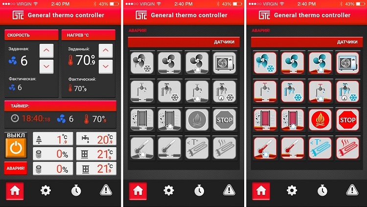 Окна с отображением аварии: на главном экране; макет отображения иконок различных аварий в неактивном состоянии; в активном